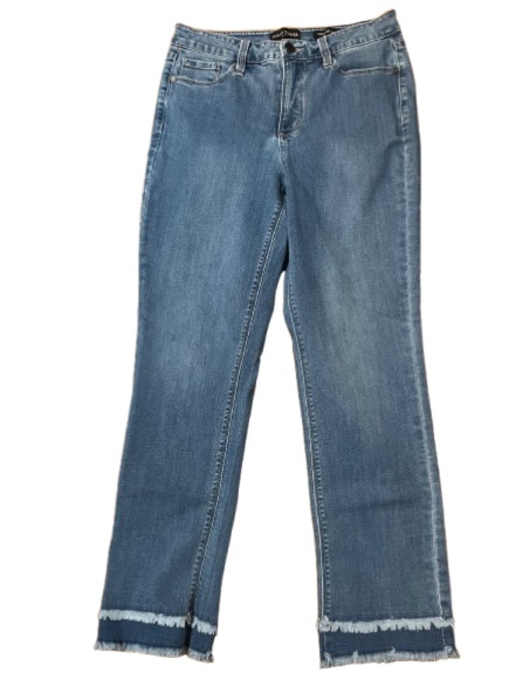 Susan Graver straight Leg Classic Blue Denim Jeans with Fringe Hem Size 6